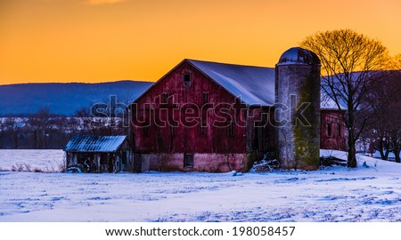 Winter sunset over a barn in rural Frederick County, Maryland.