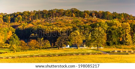 View of fields and Little Round Top from Longstreet Observation Tower in Gettysburg, Pennsylvania.