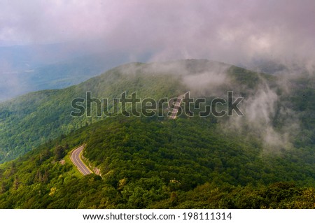 Fog and low clouds over Skyline Drive, seen from Little Stony Man Cliffs in Shenandoah National Park, Virginia.