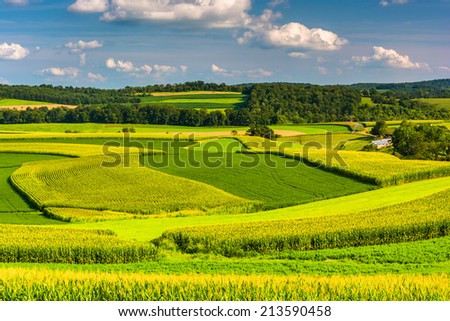 View of farm fields and rolling hills in Southern York County, Pennsylvania.