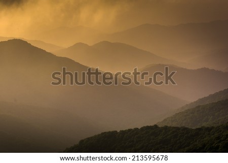 Hazy evening view of the Blue Ridge Mountains seen from the Blue Ridge Parkway in North Carolina.