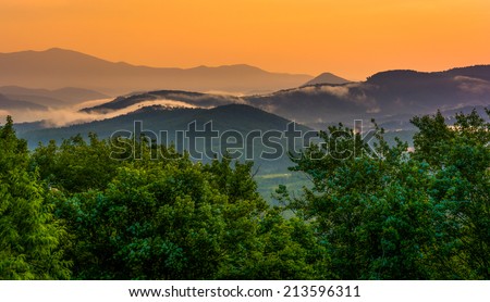 Fog over the Appalachian Mountains at sunset, seen from the Blue Ridge Parkway in North Carolina.