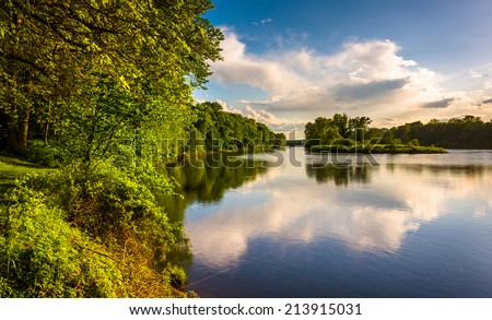 Evening view of the Delaware River at Delaware Water Gap National Recreational Area, New Jersey.