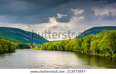 The Delaware Water Gap and the Delaware River seen from from a pedestrian bridge in Portland, Pennsylvania.