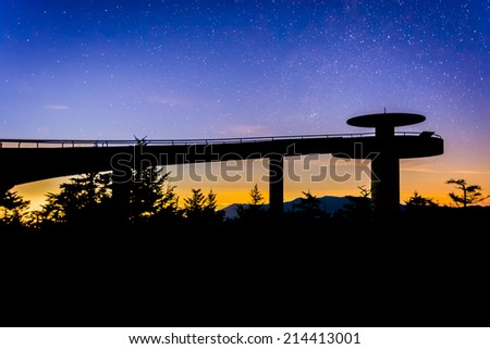 Stars in the night sky over Clingman\'s Dome Observation Tower in Great Smoky Mountains National Park, Tennessee.