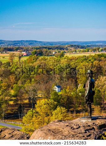 Statue and view battlefields from Little Round Top, in  Gettysburg, Pennsylvania.