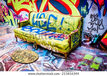 Couch in Graffiti Alley, Baltimore, Maryland.