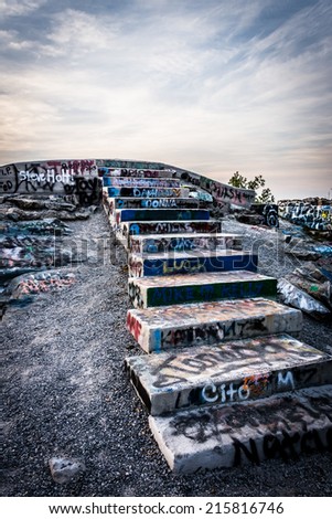 Graffiti covered stairs on the summit of  High Rock, in Pen Mar County Park, Maryland.
