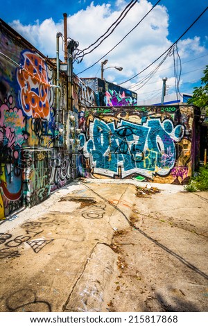 Graffiti on walls in an alley in Little Five Points, Atlanta, Georgia.