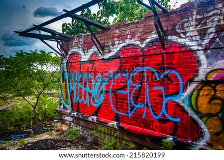 An old, graffiti-covered building at the Reading Viaduct in Philadelphia, Pennsylvania.