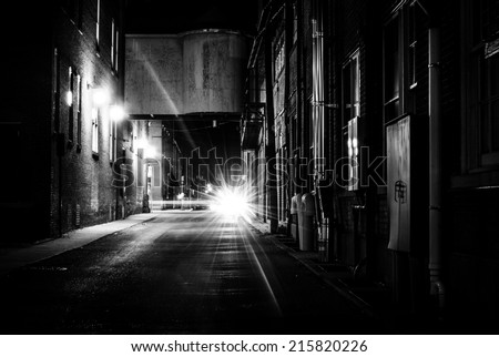 Dark alley at night in Hanover, Pennsylvania.
