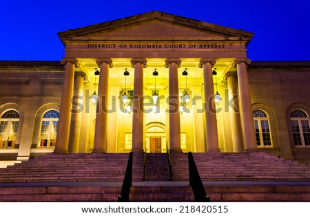 The Court of Appeals at night in Washington, DC.