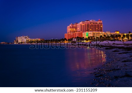 Hotels along the Gulf of Mexico at night in Clearwater Beach, Florida.