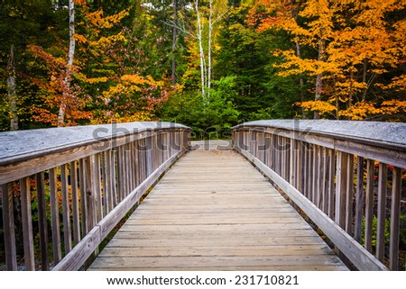 Walking bridge and autumn color at Rocky Gorge, on the Kancamagus Highway in White Mountain National Forest, New Hampshire.