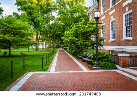Brick walkway and building at John Hopkins University, Baltimore, Maryland.