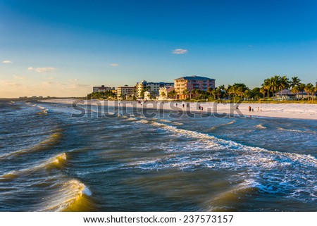 View of the beach from the fishing pier in Fort Myers Beach, Florida.