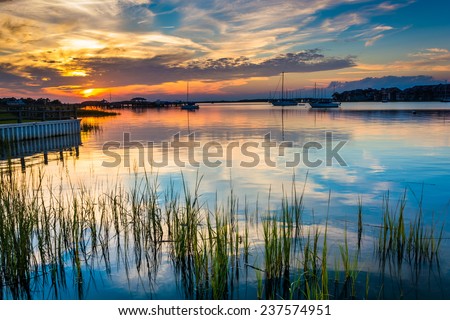 Sunset over the Folly River, in Folly Beach, South Carolina.