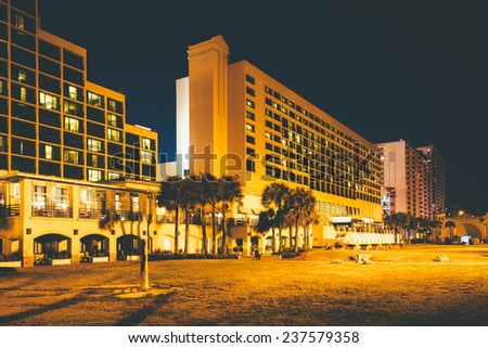 Hotels at night, in Daytona Beach, Florida.