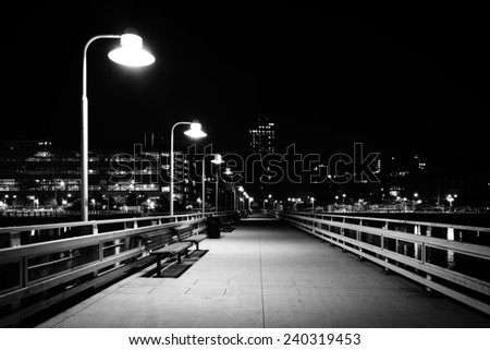 Pier 34 at night, on the Hudson River in Manhattan, New York.