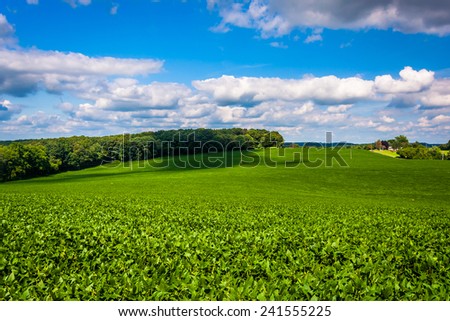 View of farm fields and rolling hills in rural Baltimore County, Maryland.
