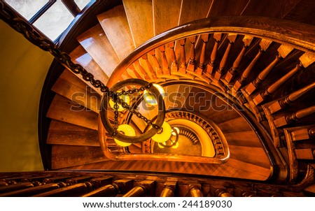 WINCHESTER, VIRGINIA - DECEMBER 1: Spiral staircase at the Handley Library on December 1, 2012 in Winchester, Virginia. The Handley Library is a historic library of Beaux Arts architectural style.