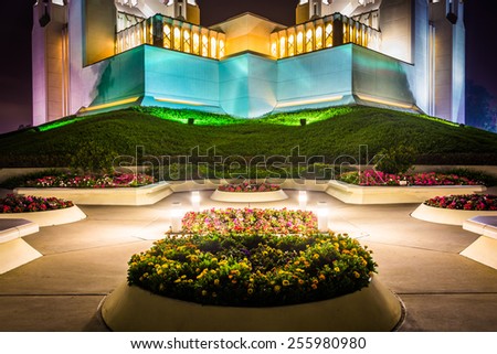 The Church of Jesus Christ of Latter-Day Saints Temple at night in San Diego, California.