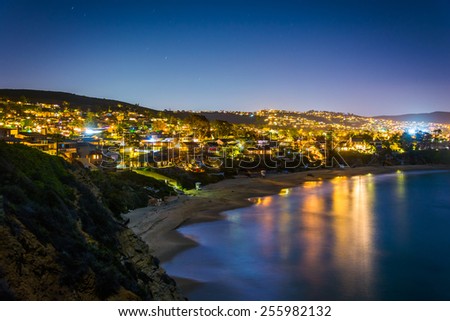 View of the Pacific Ocean and Laguna Beach at night, from Crescent Bay Point Park, in Laguna Beach, California.