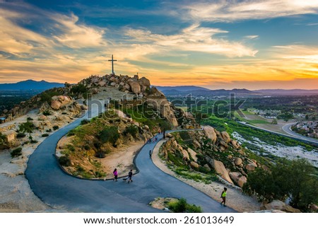 The cross and trails at sunset, at Mount Rubidoux Park, in Riverside, California.