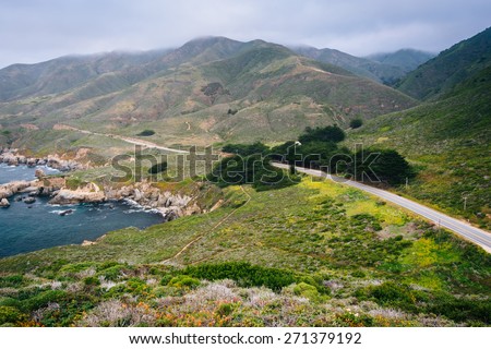 View of Pacific Coast Highway and mountains along the coast at Garrapata State Park, California.