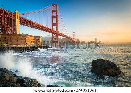 The Golden Gate Bridge, seen at sunrise from Fort Point, San Francisco, California.