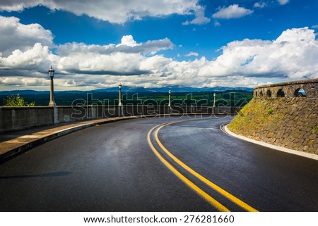The Historic Columbia River Highway at the Vista House, in the Columbia River Gorge, Oregon.