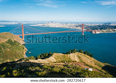 View of the Golden Gate Bridge from Hawk Hill,  Golden Gate National Recreation Area, in San Francisco, California.