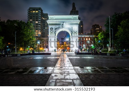 The Washington Arch at night, in Washington Square Park, Greenwich Village, Manhattan, New York.