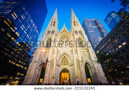 St. Patrick\'s Cathedral at night, in Manhattan, New York.