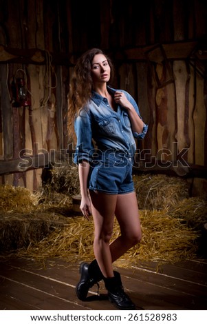 Beautiful girl in jeans shorts and shirt posing in a sexy way
