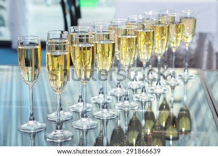 Elegant glasses with champagne standing in a row on serving table during party or celebration