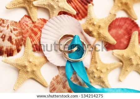 wedding rings on the see shell with see stars