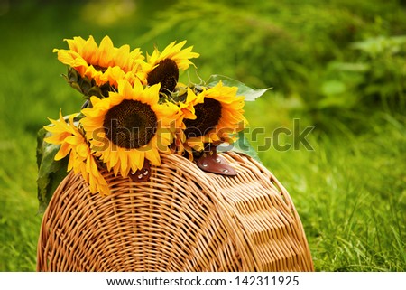 Picnic with basket with food and sunflowers