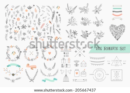 Hand Drawn vintage floral elements. Set of flowers, icons and decorative elements.