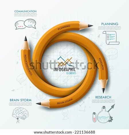 Modern infographic template with 4 curved pencils and hand drawn sketches on paper background Vector Can be used for web design and workflow layout Modern infographic template with 4 curved pencils and hand drawn sketches on paper background Vector Can be used for web design and workflow layout