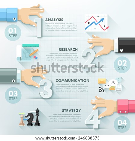 Business hands teamwork infographics template. Vector illustration. Can be used for workflow layout, banner, diagram, number options, step up options, web design, timeline.
