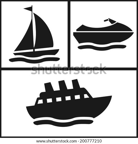 water transport icon set. Yacht, sheep, water scooter. Vector illustrations.