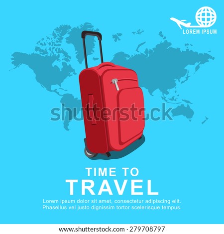 Colourful travel and trip concept vector flat banner vith travel bag and world map.