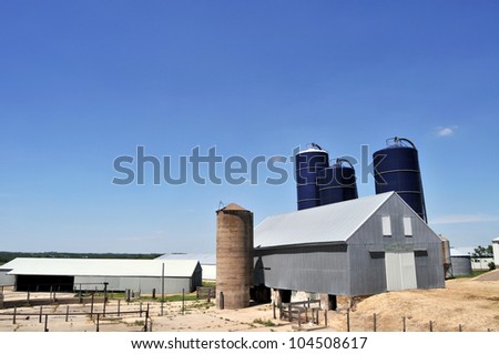 A typical American farm with a barn and silos