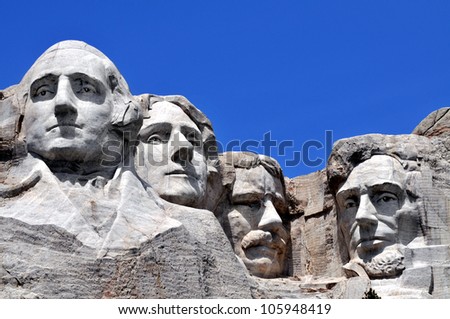 Mount Rushmore National Memorial in South Dakota features sculptures of former U.S. presidents George Washington, Thomas Jefferson, Theodore Roosevelt and Abraham Lincoln.