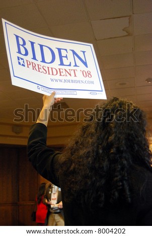 MCLEAN, VA - NOV 30, 2007: Senator Joe (Joseph) Biden\'s supporter holding a sign at the Democratic National Committee (DNC) meeting on November 30, 2007, in McLean, Virginia.