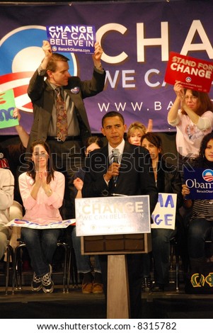 Senator Barack Obama campaigning for president, supporters rallying