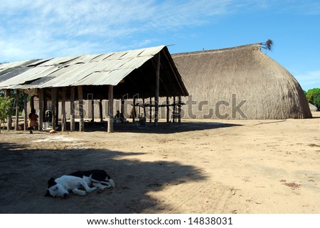 Traditional Amazon Indian house and canopy for food preparation, dog resting in shade