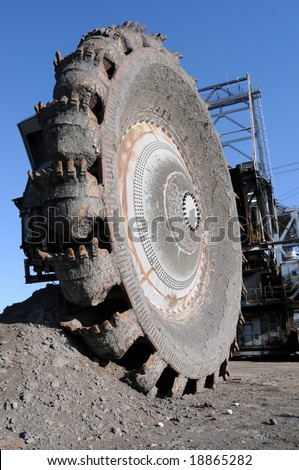 Mining equipment; closeup of a bucketwheel reclaimer, used at oil sands mines in Alberta, Canada