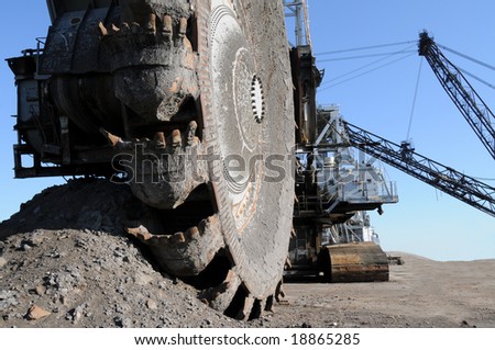 Mining equipment; closeup of a bucketwheel reclaimer, used at oil sands mines in Alberta, Canada